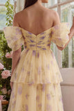 Off the Shoulder Yellow Floral Tiered Ruched Wedding Guest Dress