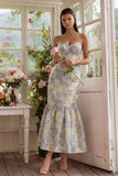Strapless Dusty Blue Brocade Mermaid Wedding Guest Dress