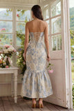 Strapless Dusty Blue Brocade Mermaid Wedding Guest Dress