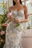 Strapless Dusty Blue Brocade Mermaid Wedding Guest Dress