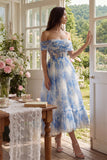 Blue Floral Off the Shoulder Corset A Line Midi Wedding Guest Dress