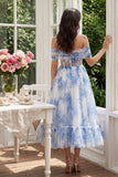 Blue Floral Off the Shoulder Corset A Line Midi Wedding Guest Dress