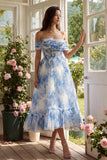 Blue Floral Off the Shoulder Corset A Line Midi Wedding Guest Dress