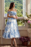 Blue Floral Off the Shoulder Corset A Line Midi Wedding Guest Dress