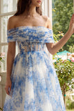 Blue Floral Off the Shoulder Corset A Line Midi Wedding Guest Dress