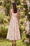 White Floral Square Neck A Line Midi Wedding Guest Dress with Bow