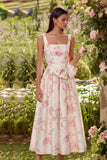 White Floral Square Neck A Line Midi Wedding Guest Dress with Bow