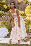 White Floral Square Neck A Line Midi Wedding Guest Dress with Bow