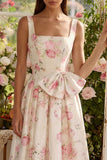 White Floral Square Neck A Line Midi Wedding Guest Dress with Bow