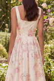 White Floral Square Neck A Line Midi Wedding Guest Dress with Bow