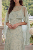 Dusty Sage Floral 2 Piece Chiffon A Line Wedding Guest Dress with Cape