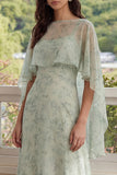 Dusty Sage Floral 2 Piece Chiffon A Line Wedding Guest Dress with Cape