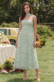 Floral Dusty Sage A Line Spring Wedding Guest Dress with Sash
