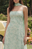 Floral Dusty Sage A Line Spring Wedding Guest Dress with Sash