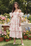 Off the Shoulder A Line Tiered White Floral Wedding Guest Dress