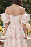 Off the Shoulder A Line Tiered White Floral Wedding Guest Dress