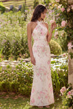 Halter Mermaid White Pink Floral Maxi Wedding Guest Dress
