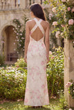 Halter Mermaid White Pink Floral Maxi Wedding Guest Dress