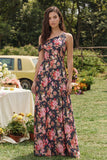 Pink Floral A Line Asymmetrical Neck Maxi Wedding Guest Dress