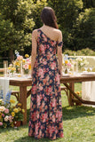 Pink Floral A Line Asymmetrical Neck Maxi Wedding Guest Dress