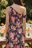 Pink Floral A Line Asymmetrical Neck Maxi Wedding Guest Dress