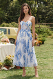 Blue Floral A Line Corset Midi Wedding Guest Dress