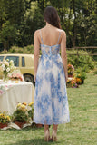 Blue Floral A Line Corset Midi Wedding Guest Dress