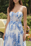 Blue Floral A Line Corset Midi Wedding Guest Dress