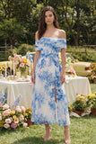 Off the Shoulder Ruched Blue Floral A Line Wedding Guest Dress with Slit