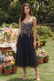 Black Embroidered Tulle A Line Midi Wedding Guest Dress