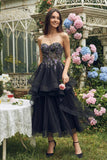 Strapless Black A Line Applique Midi Wedding Guest Dress
