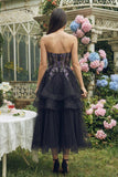 Strapless Black A Line Applique Midi Wedding Guest Dress