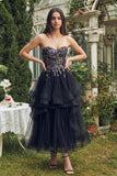 Strapless Black A Line Applique Midi Wedding Guest Dress