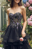 Strapless Black A Line Applique Midi Wedding Guest Dress