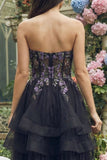 Strapless Black A Line Applique Midi Wedding Guest Dress