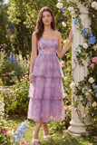 Purple Floral Strapless Tiered Wedding Guest Dress