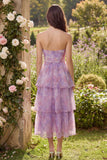 Purple Floral Strapless Tiered Wedding Guest Dress