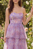 Purple Floral Strapless Tiered Wedding Guest Dress