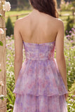 Purple Floral Strapless Tiered Wedding Guest Dress