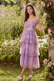 Off the Shoulder Floral Purple Tiered Midi Wedding Guest Dress
