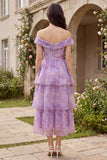 Off the Shoulder Floral Purple Tiered Midi Wedding Guest Dress