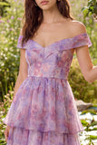 Off the Shoulder Floral Purple Tiered Midi Wedding Guest Dress