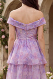Off the Shoulder Floral Purple Tiered Midi Wedding Guest Dress