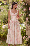 Pink Floral Print A Line Bowed Midi Wedding Guest Dress with Pearls