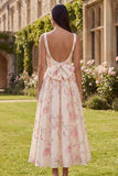 Pink Floral Print A Line Bowed Midi Wedding Guest Dress with Pearls