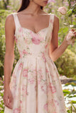 Pink Floral Print A Line Bowed Midi Wedding Guest Dress with Pearls