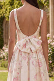 Pink Floral Print A Line Bowed Midi Wedding Guest Dress with Pearls