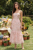 Strapless Pink Floral Appliqued Corset Wedding Guest Dress