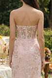 Strapless Pink Floral Appliqued Corset Wedding Guest Dress