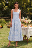 Blue Jacquard A Line Square Neck Wedding Guest Dress